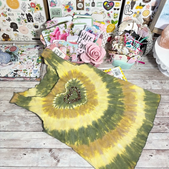 Santiki Vintage 90s Tie Dye Tank Top Sz.S Yellow & Green Beaded Heart Y2K - Picture 2 of 6